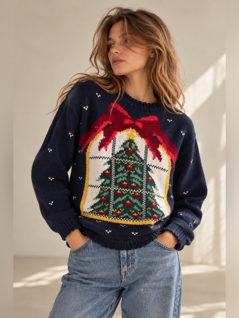 Vintage 90s Nuggets Christmas Tree Sweater M Navy Bow Cottagecore Holiday Knit